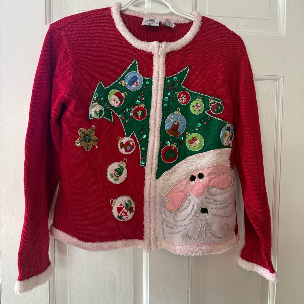 Festive Red women’s  Jacket with Christmas Tree ugly Christmas sweater party